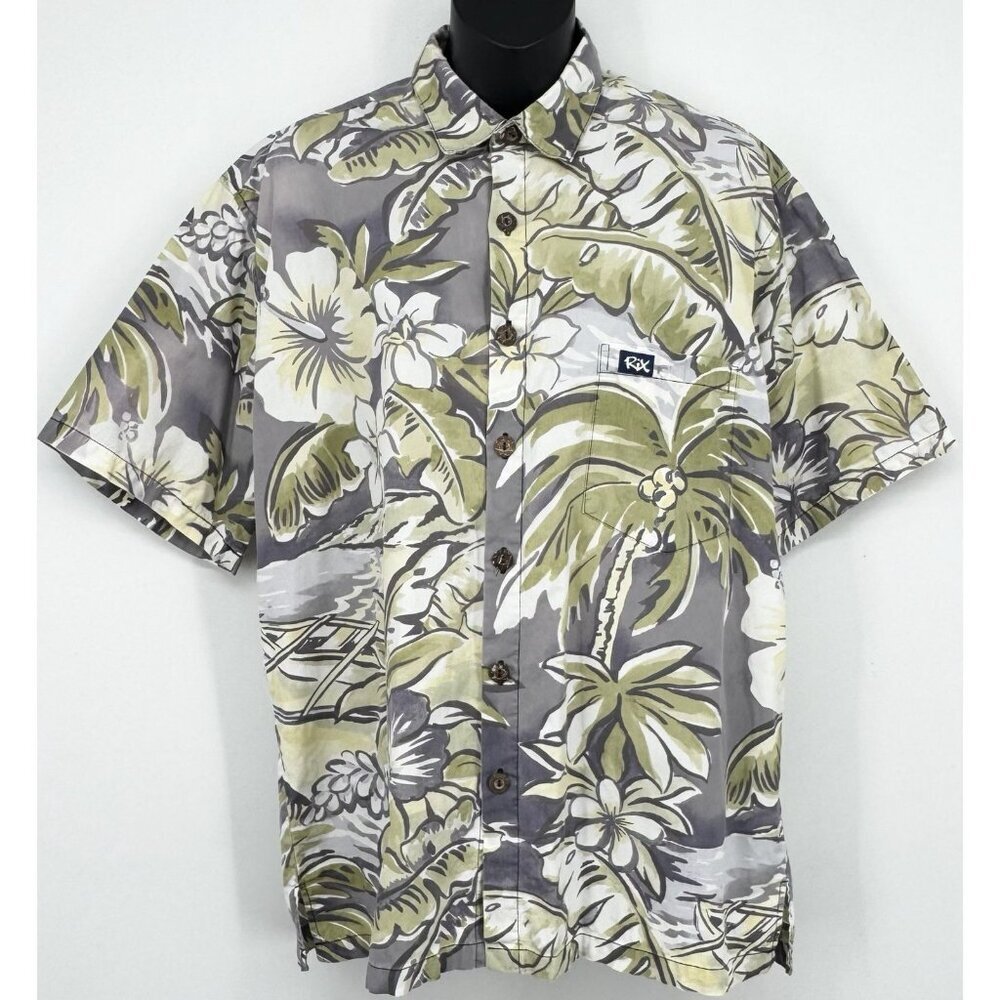 RIX Men Hawaii Aloha Shirt Medium Palm Tree Tropical Blue Green Casual Button Up